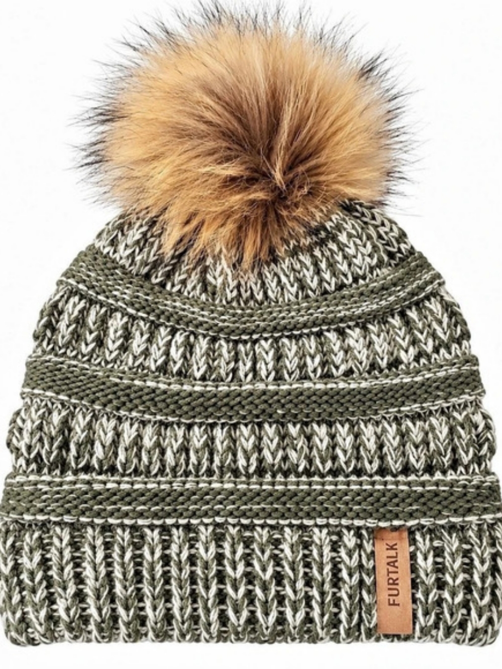 NEW!! FURTALK Womens Winter Knitted Beanie Hat with Faux Fur Pom Green & White
